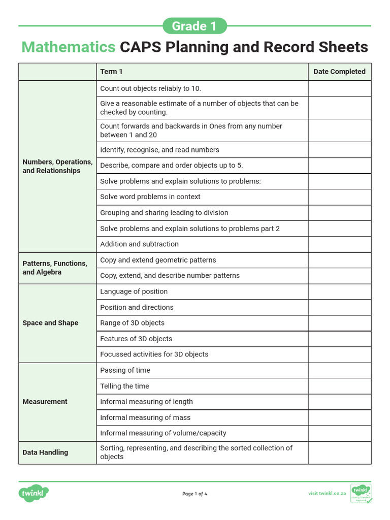 Grade 1 Mathematics CAPS Record Sheets | PDF | Numbers | Geometry