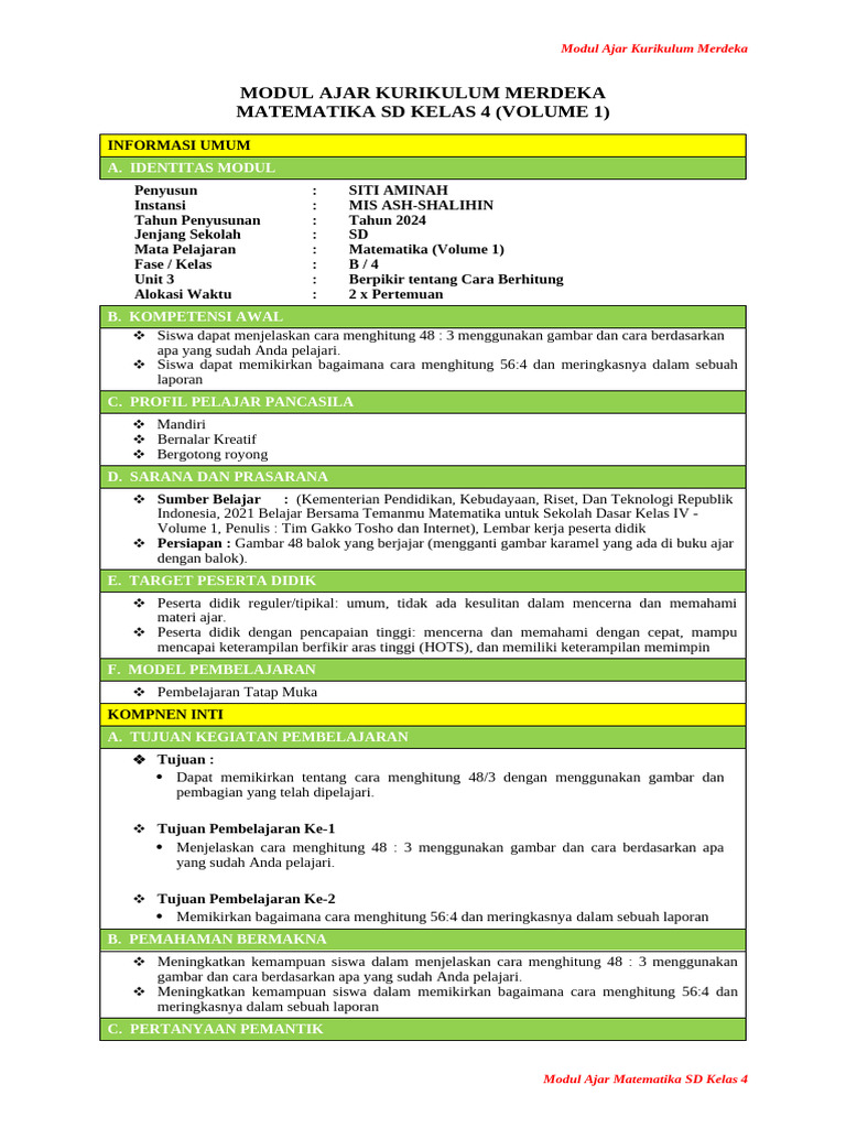 Modul Ajar Matematika Kelas 4 | PDF