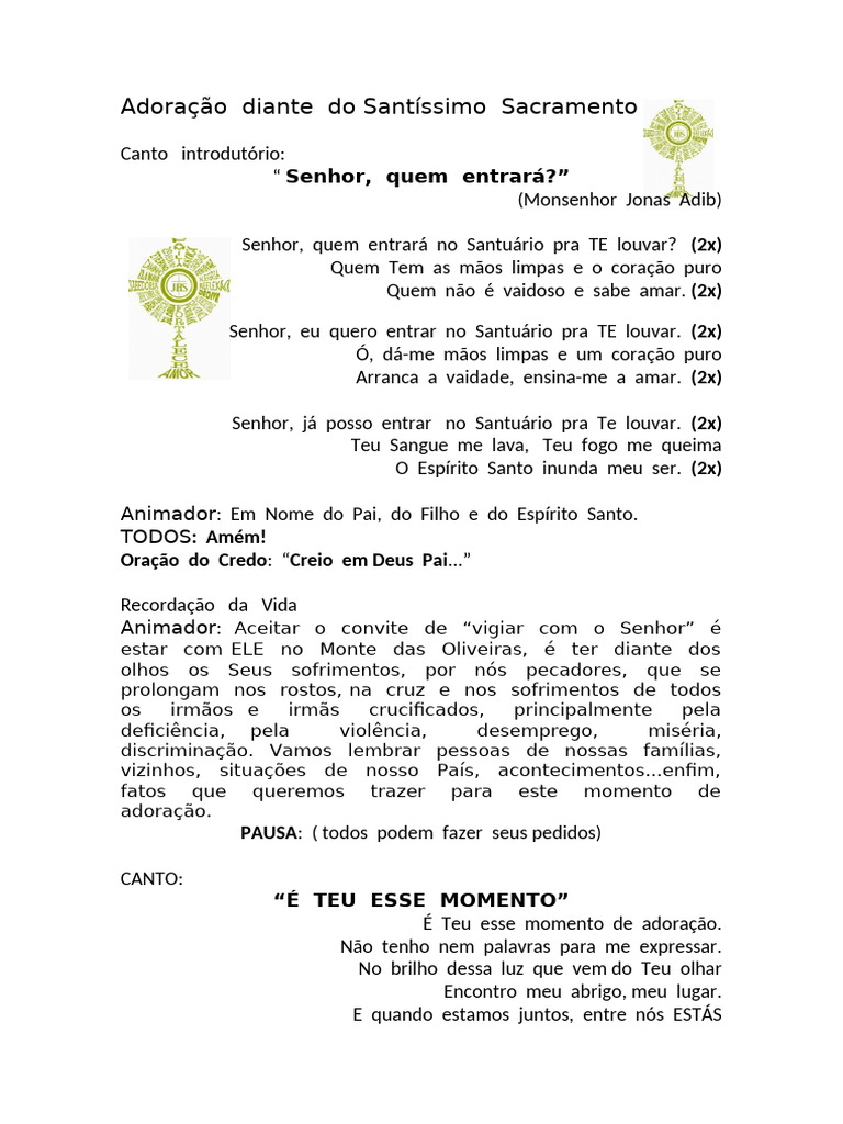 Adoração Diante Do Santíssimo Sacramento | PDF | Oração | Eucaristia