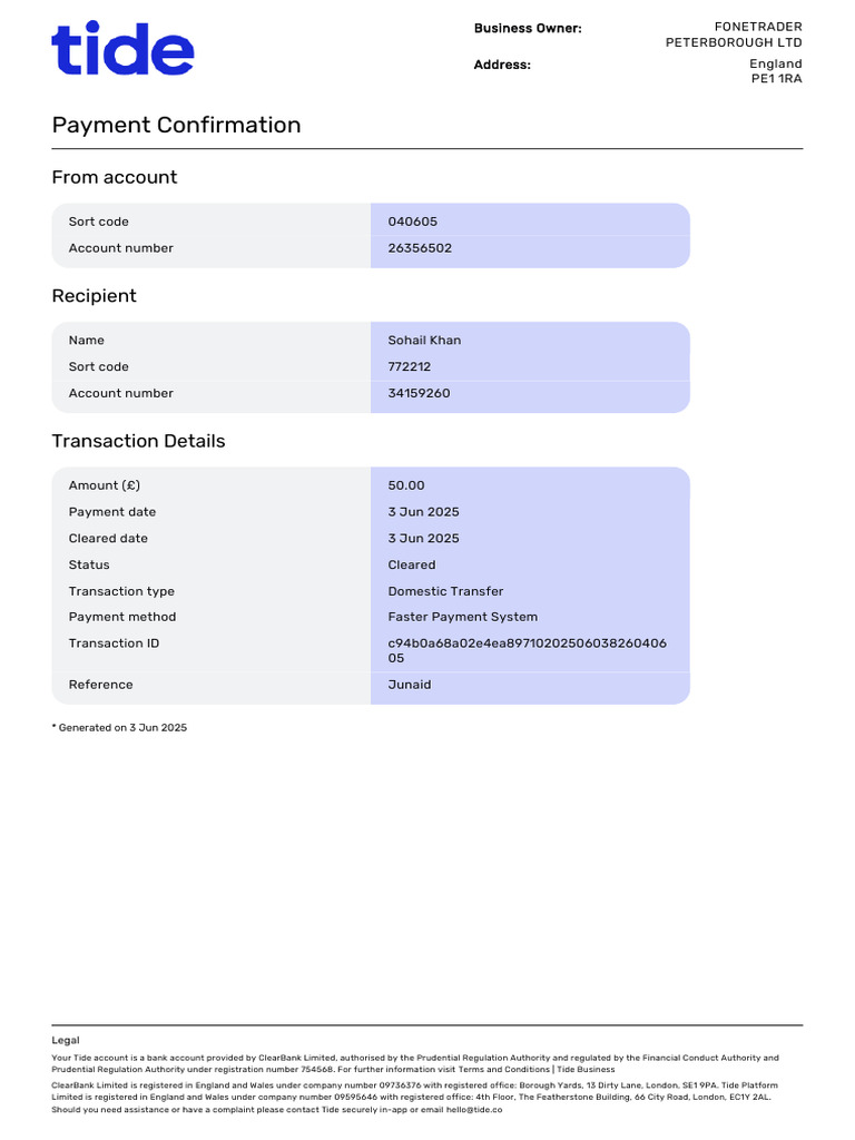 Tide Account Payment Confirmation | PDF | Banking Technology | Money