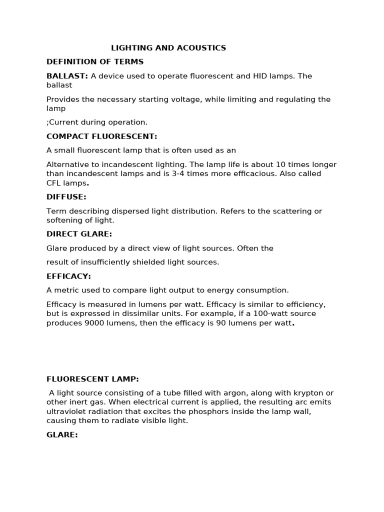 Lighting and Acoustics Notes | PDF | Fluorescent Lamp | Lighting