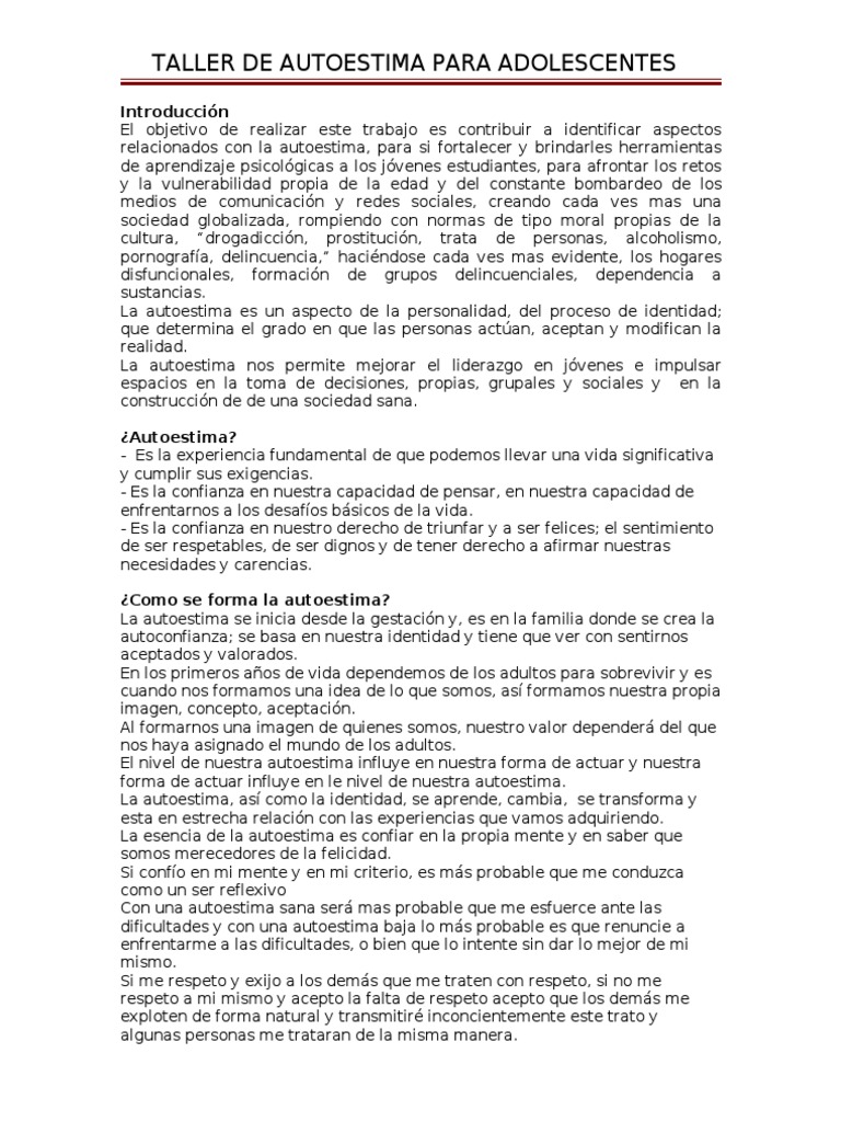 Taller de Autoestima para Adolescentes | PDF | Autoestima | Adultos