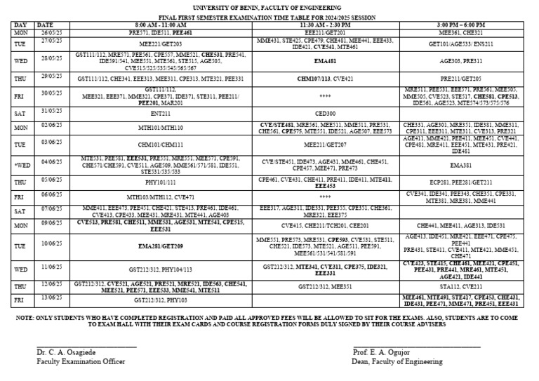 Engineering 1st Semester Exam Timetable 2025 | PDF