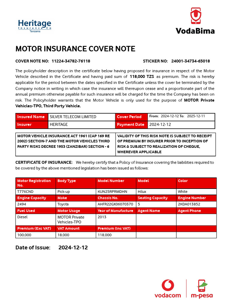 Insurance Cover Note | PDF