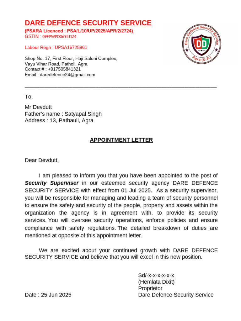 Security Supervisor Appointment Letter | PDF | Access Control | Securities