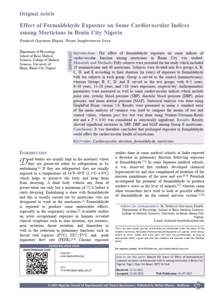Effect of Formaldehyde Exposure On Some.3 | PDF | Blood Pressure ...