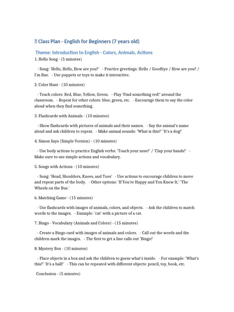 English Class Plan for Beginners | PDF
