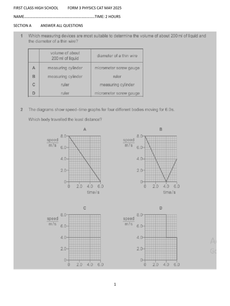 Form 3 Physics CAT May 2025 Exam | PDF