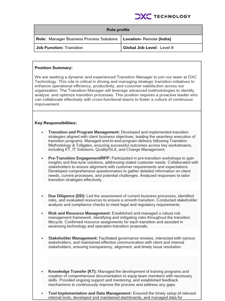 Transition Manager Role Overview | PDF | Program Evaluation | Business