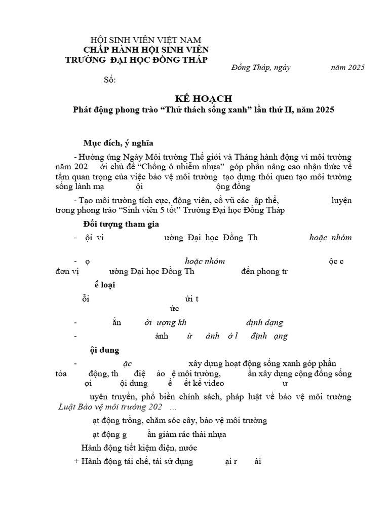KH Phong Trao Thu Thach Song Xanh Nam 2025 | PDF