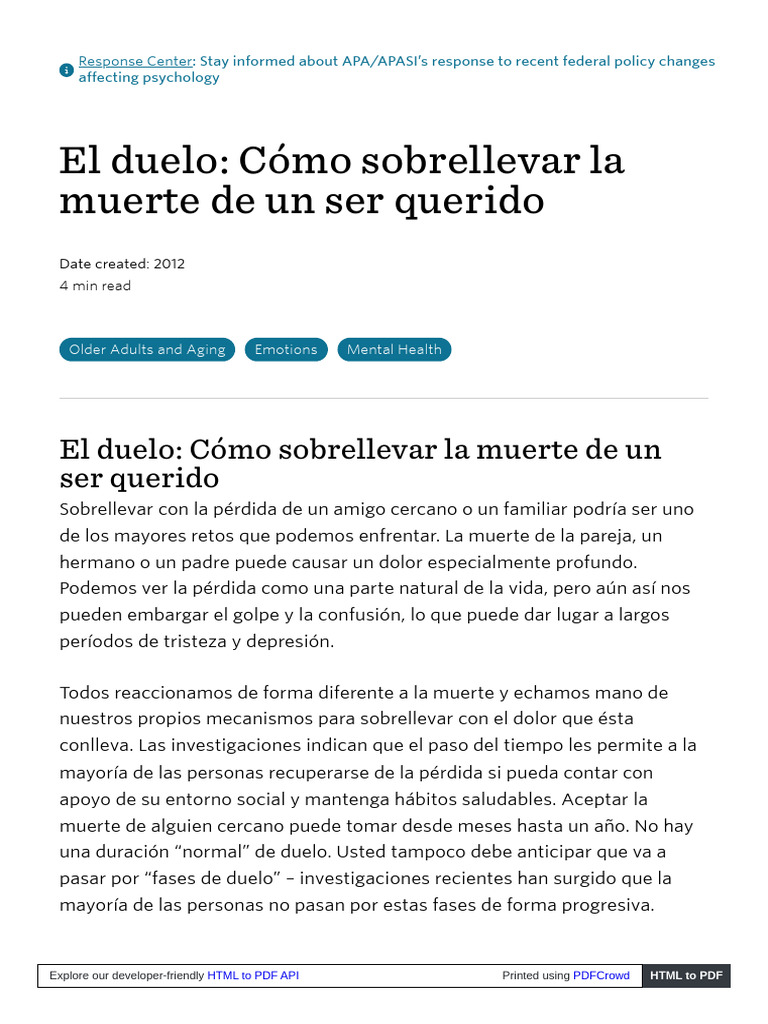 El Duelo Cómo Sobrellevar La Muerte de Un Ser Querido | PDF | Dolor ...