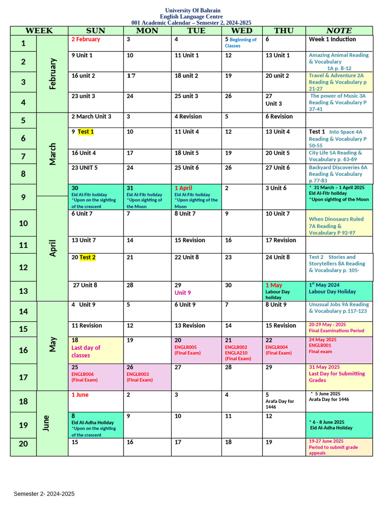 UOB Academic Calendar 20242025 PDF Educational Stages