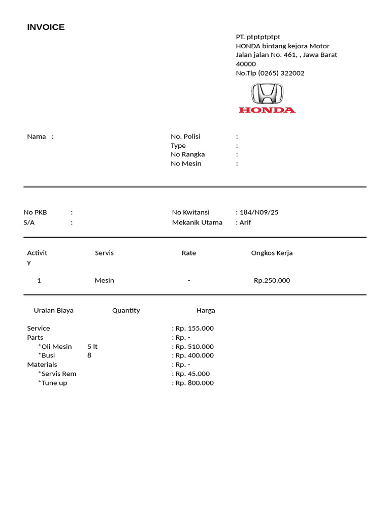 Contoh Invoice Servis Motor Honda | PDF