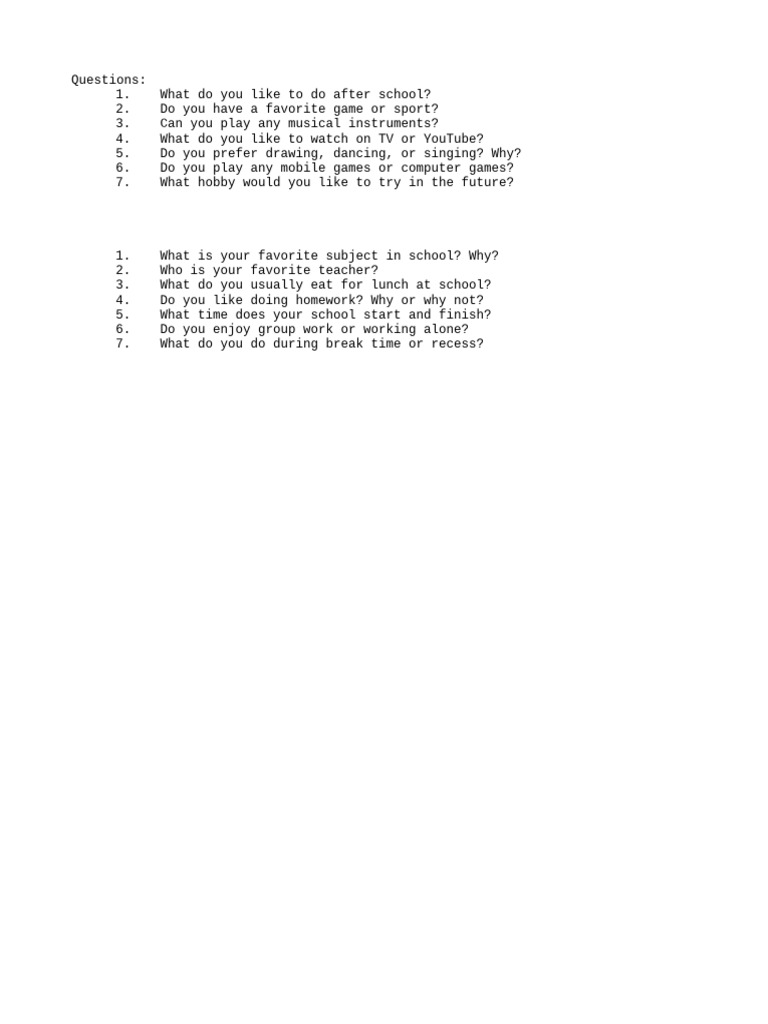 WarmUp Questions Hobbies PDF