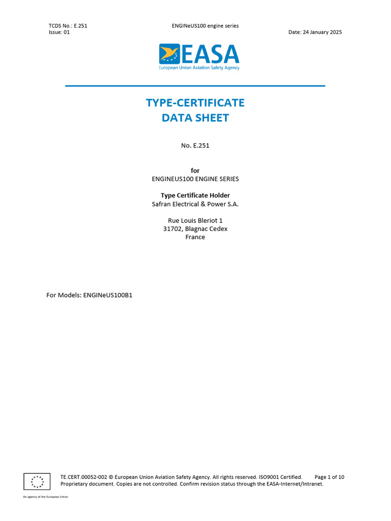 Type Certificate Data Sheet ENGINeUS100 | PDF | Electric Motor | Aviation