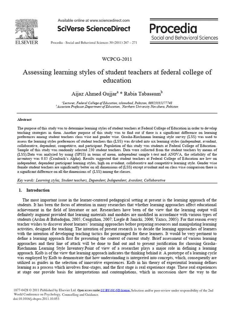 Assessing Learning Styles of Student Teachers 2011 Procedia Social and ...