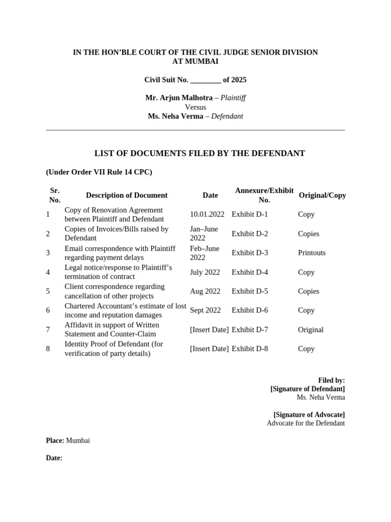 Defendant's Document List for Civil Suit | PDF | Common Law | Justice