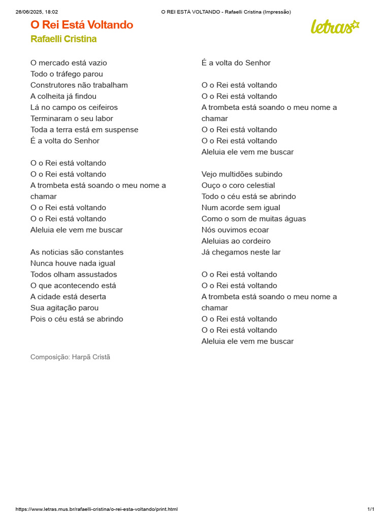 O Rei Está Voltando - Letra do Hino | PDF