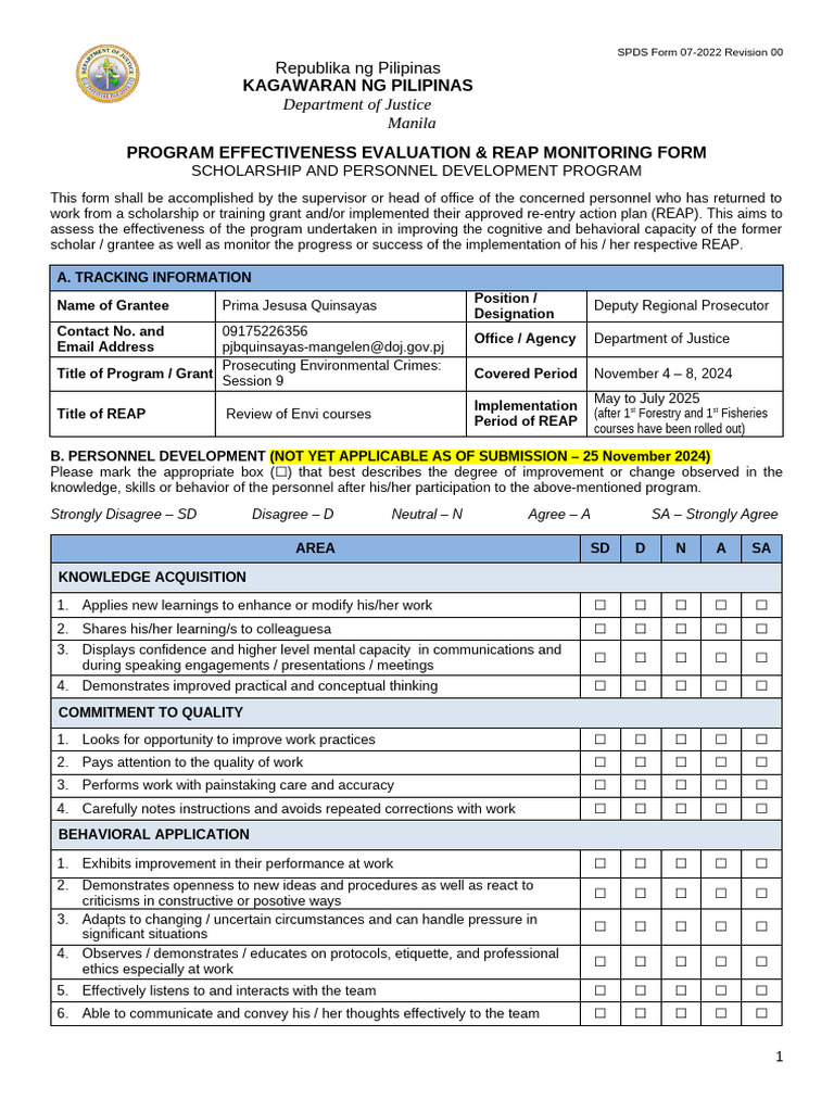 SPDP Form 07. Personnel Re-Entry Monitoring Form For Quinsayas - Chief ...