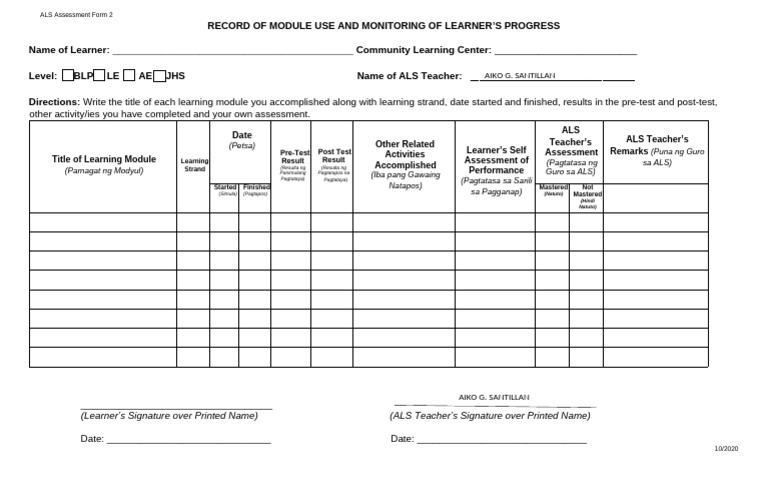 ALS Assessment Form 2 Overview | PDF | Learning | Behavior Modification