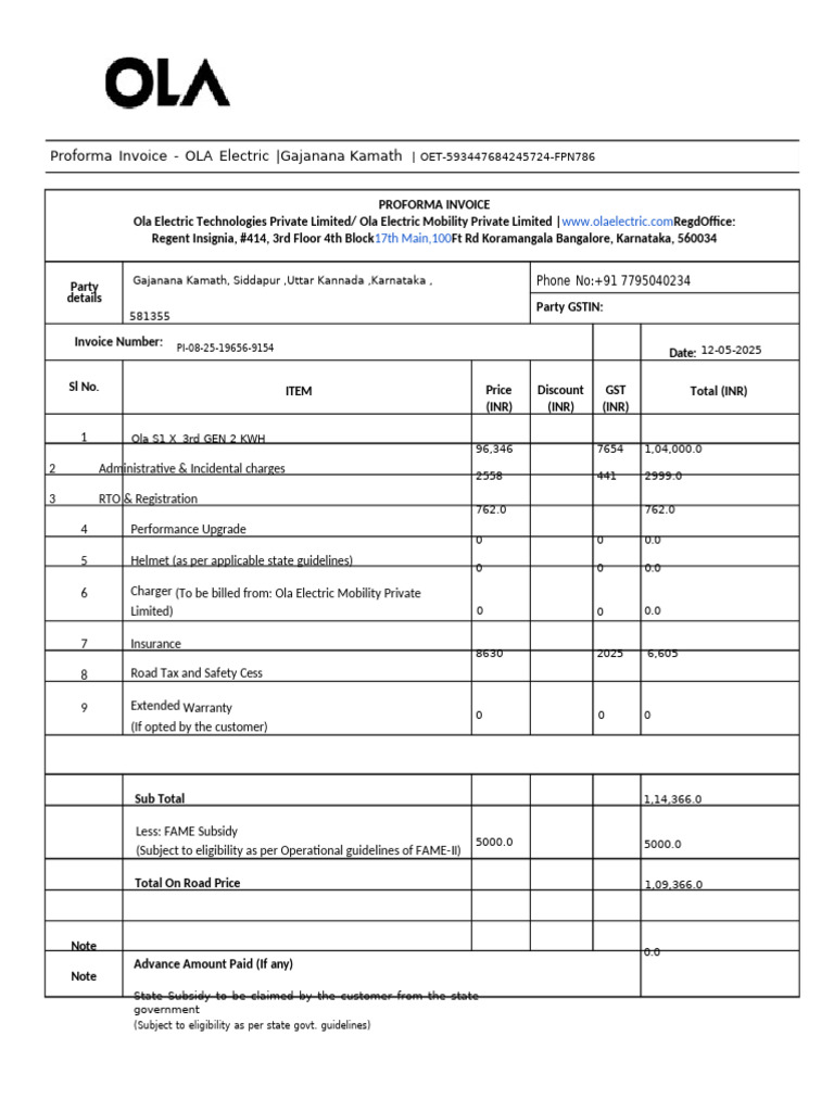 OLA Electric Proforma Invoice Details | PDF | Invoice | Receipt