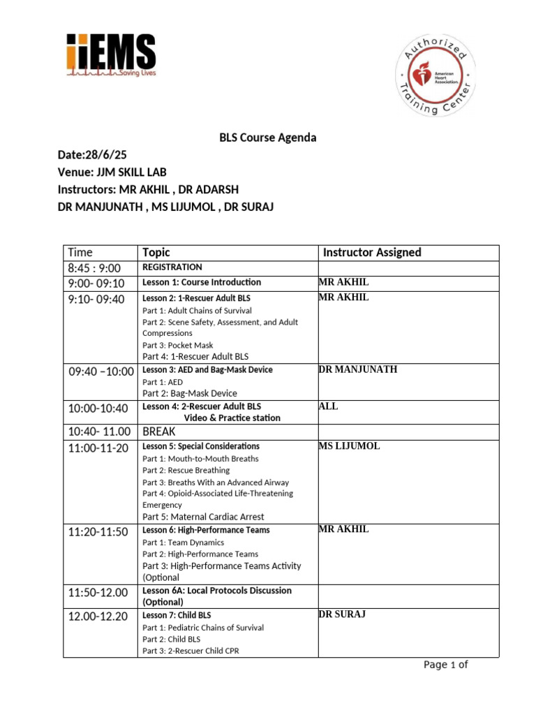 Sample BLS Course Agenda With Optional Lessons Included | PDF ...