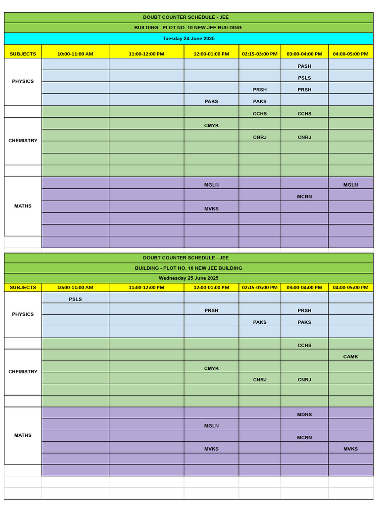 JEE Doubt Counter Schedule 2025 | PDF
