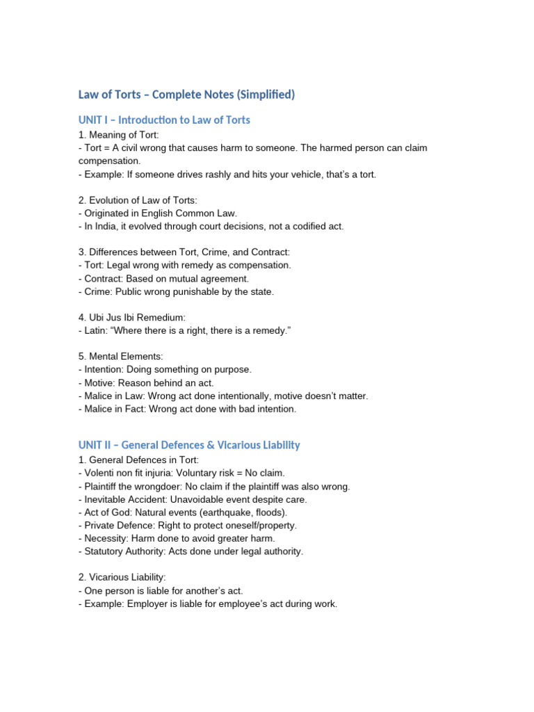 Law of Torts Complete Notes Easy | PDF | Tort | Defamation