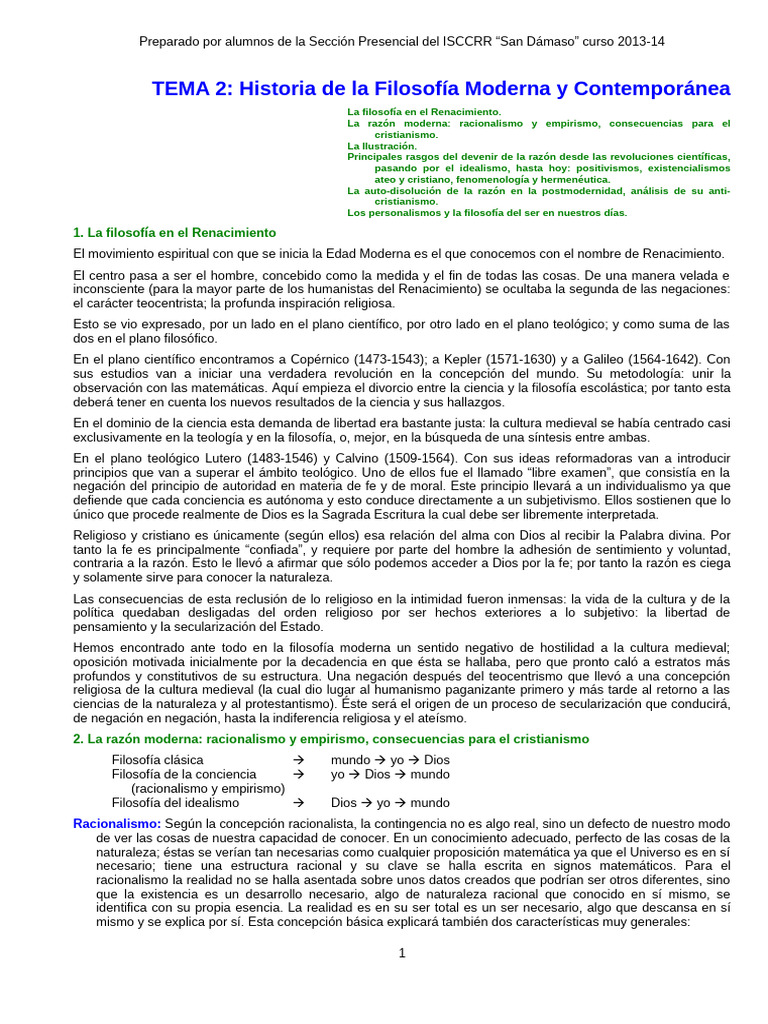 Historia de la Filosofía Moderna y Contemporánea | PDF | René Descartes ...