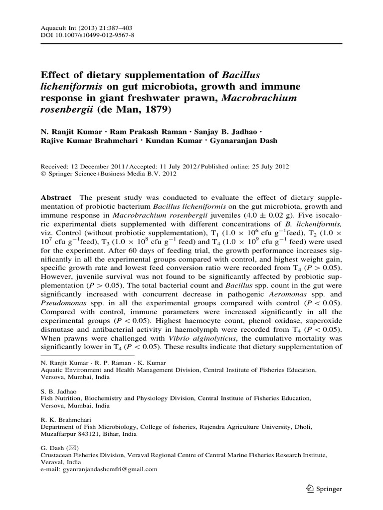 Effect of Dietary Supplementation of On Gut Microbiota, Growth and ...