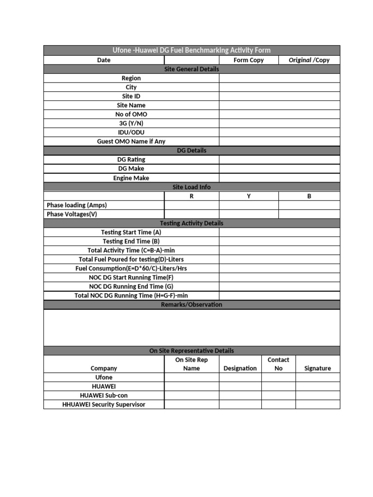 Ufone Huawei DG Fuel Benchmark Form | PDF