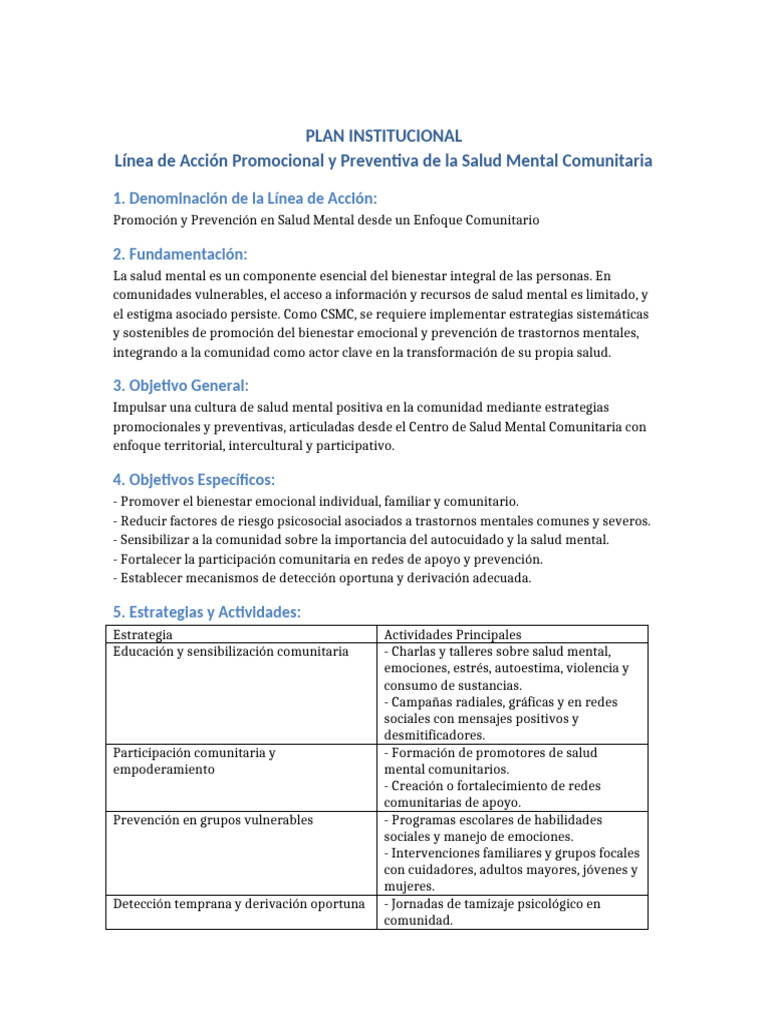 Plan Linea Accion Salud Mental CSMC | PDF | Salud mental | Las emociones