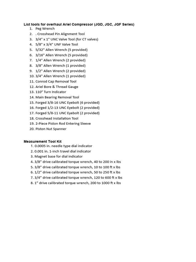 List Tools For Overhaul Ariel Compressor | PDF