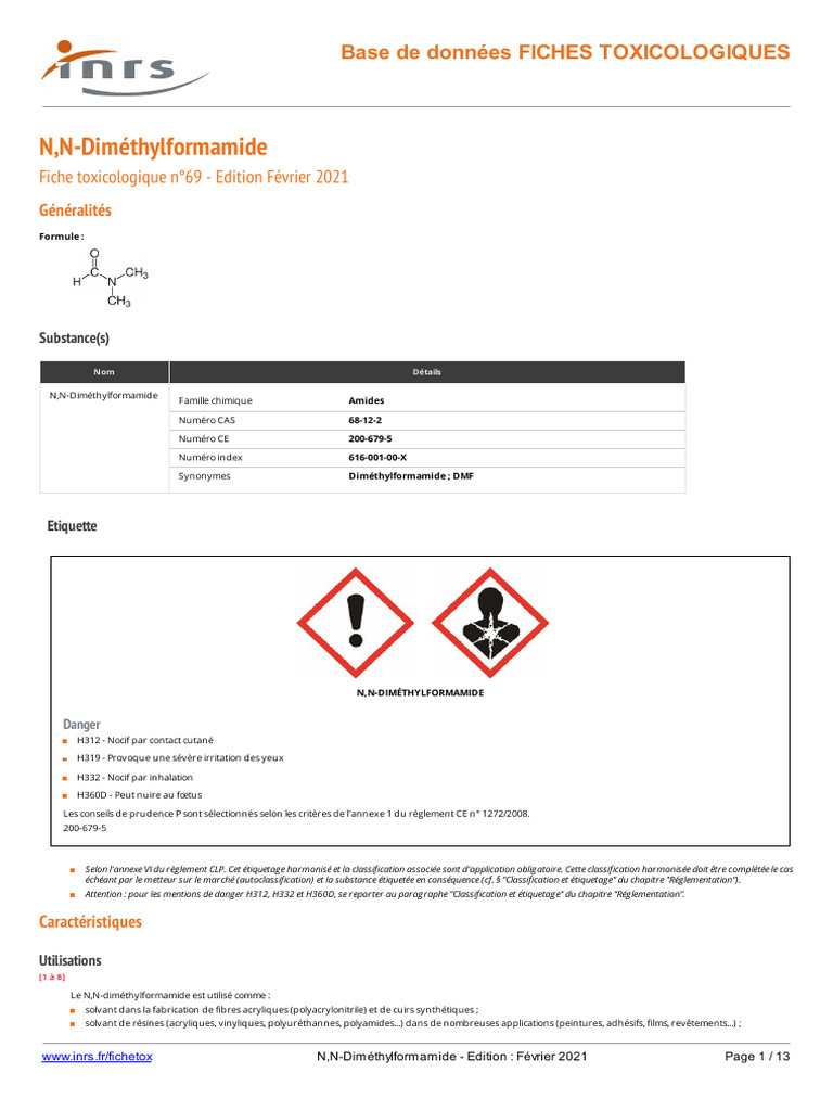 Fiche Toxicologique : N,N-Diméthylformamide | PDF | Toxicologie | Urine