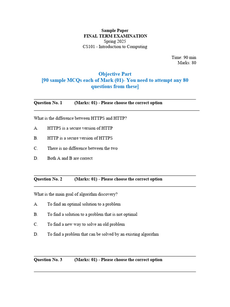 CS101 Final Exam Sample Questions | PDF | Central Processing Unit ...