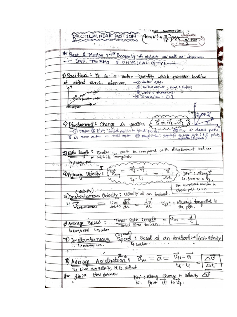 Rectilinear Motion Short Notes Part-1 | PDF