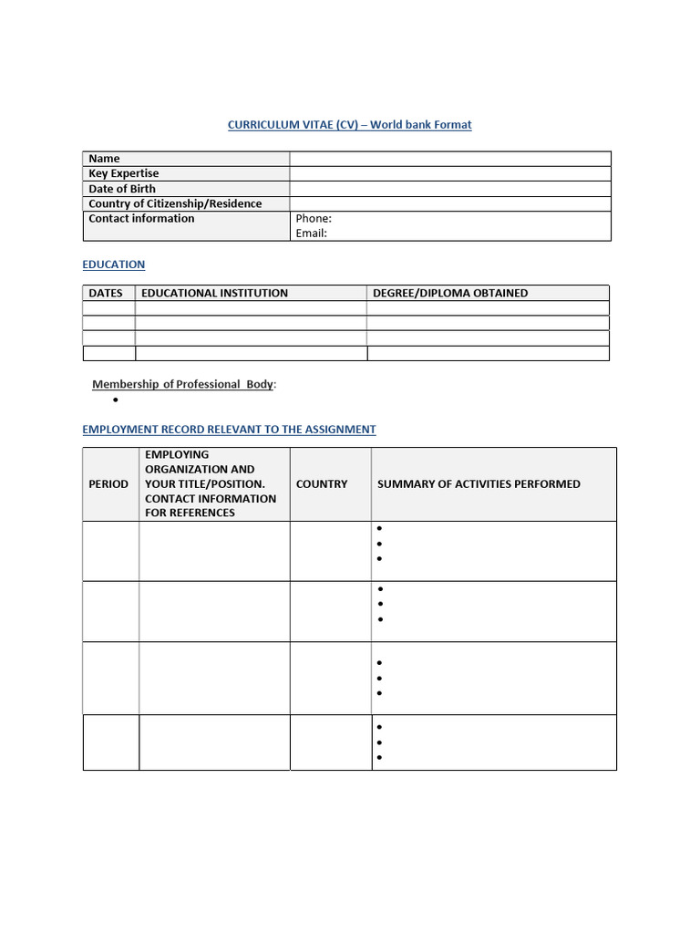 World Bank CV Format Template | PDF | Project Management