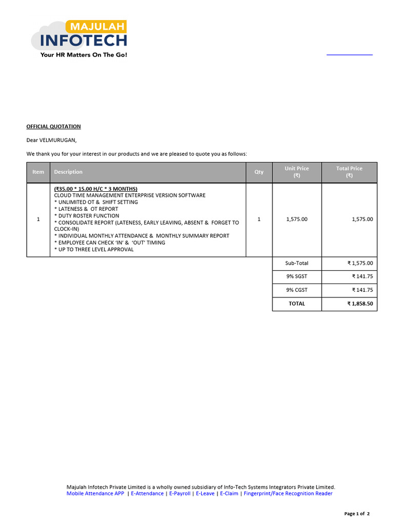 Quotation for Cloud Time Management Software | PDF | Mobile App ...