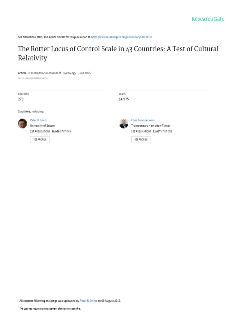 Rotter Locus of Control Across Cultures | PDF