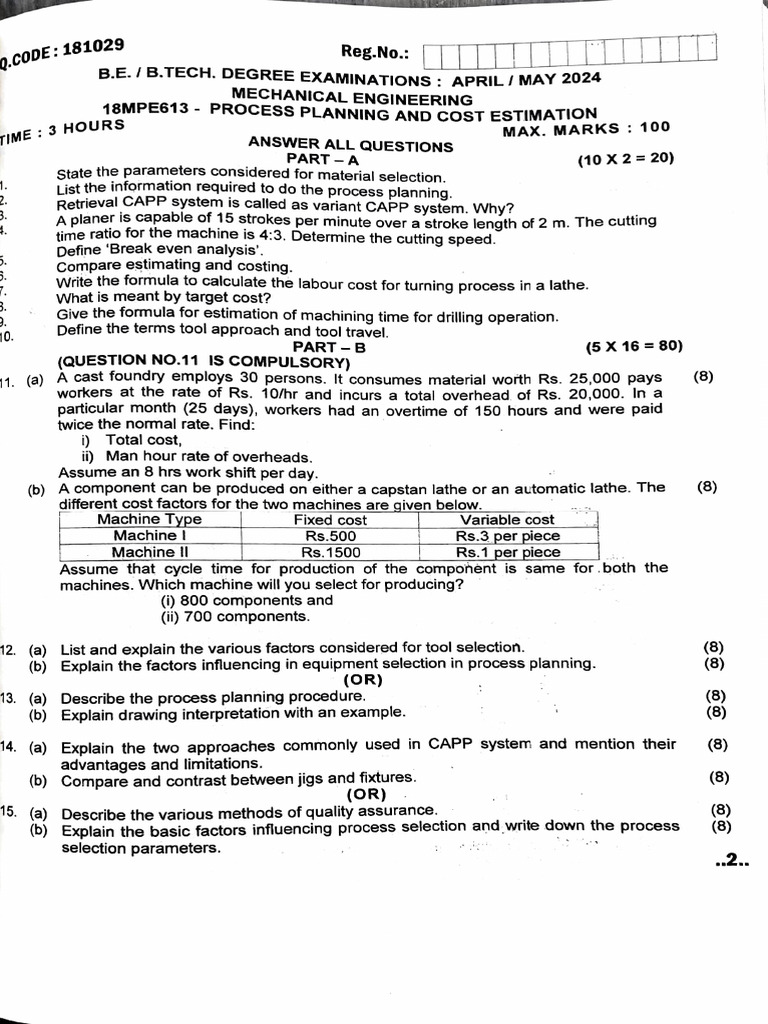 Reg18 - Process Planning and Cost Estimation - Apr-May2024 | PDF