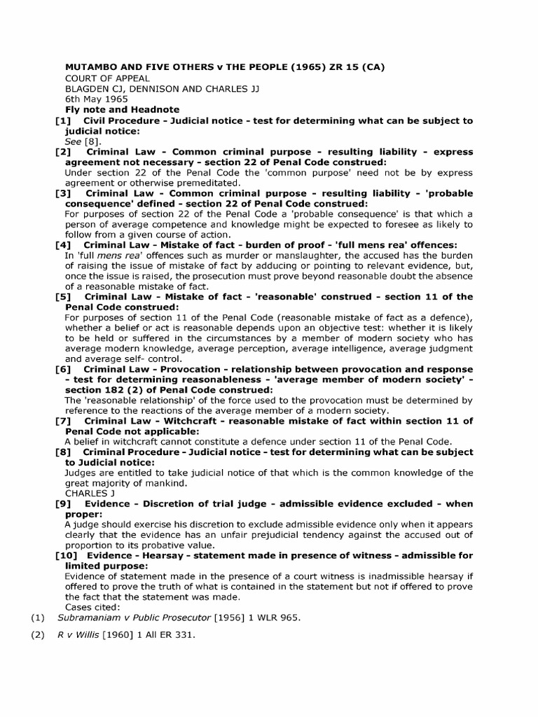 Mutambo v The People: Common Purpose Law | PDF | Hearsay | Murder