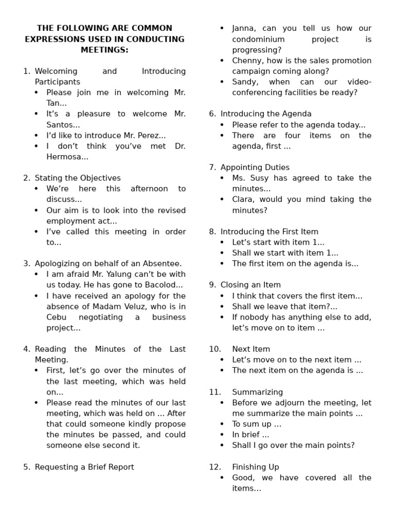 The Following Are Common Expressions Used in Conducting Meetings | PDF ...