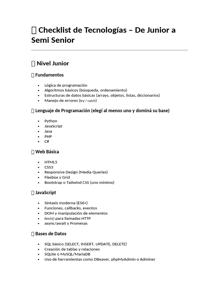 Checklist Tecnologías: Junior a Semi Senior | PDF