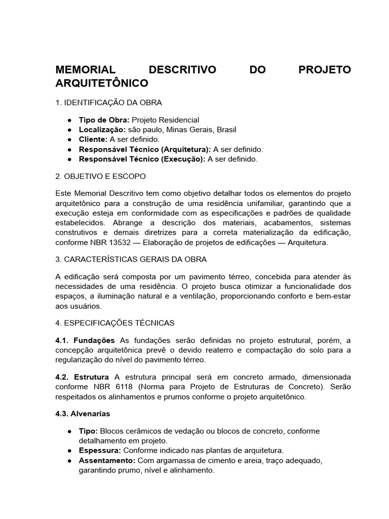 Memorial Descritivo de Projeto Residencial | PDF | Concreto ...