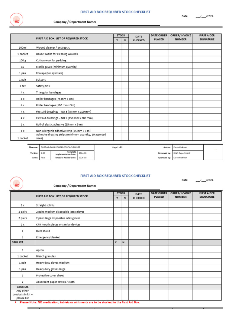 First Aid Kit Stock Checklist | PDF | First Aid