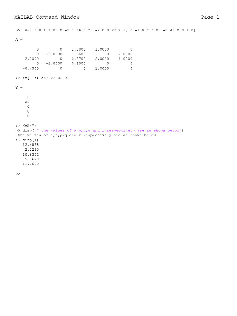 MATLAB Matrix Calculation Example | PDF