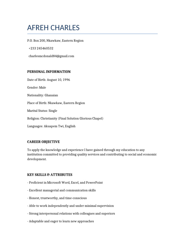 Afreh Charles CV Professional Updated | PDF | Teachers | Learning