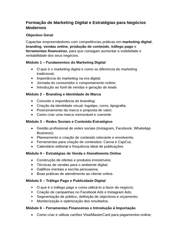 Formação de Marketing Digital e Estratégias para Negócios Modernos | PDF