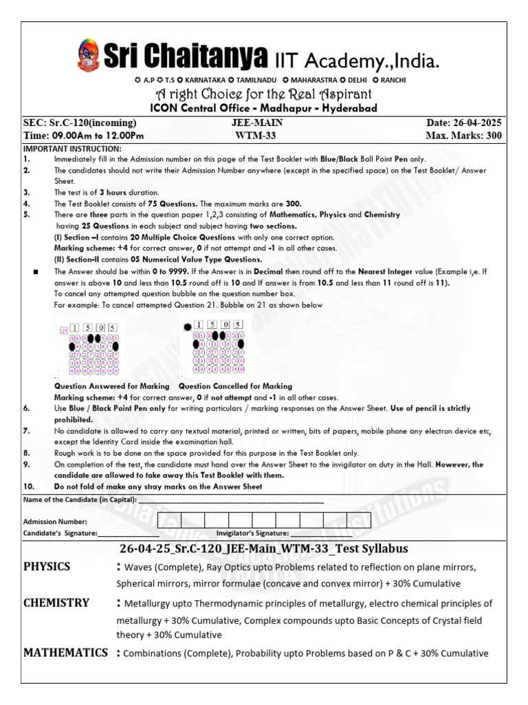 Sri Chaitanya JEE-Main Test Paper | PDF | Coordination Complex | Mirror