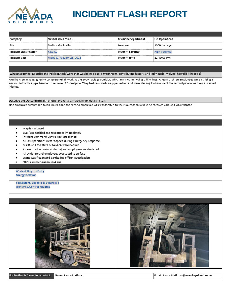 Nevada Gold Mines Incident Flash Report | PDF | Safety | Occupational ...